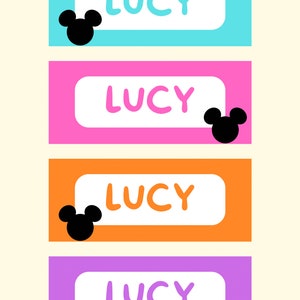 May include: Four colorful rectangular labels with the name "LUCY" written in white and a black Mickey Mouse silhouette on each label.