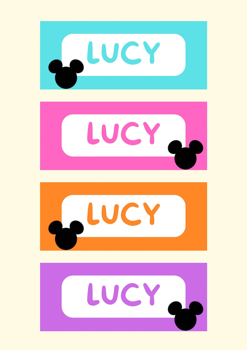 May include: Four colorful rectangular labels with the name "LUCY" written in white and a black Mickey Mouse silhouette on each label.