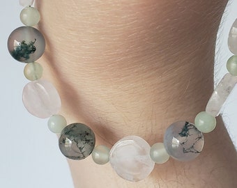 CLEARANCE Pale Spring Crystal Bracelet - Moss Agate, Rose Quartz, Jade