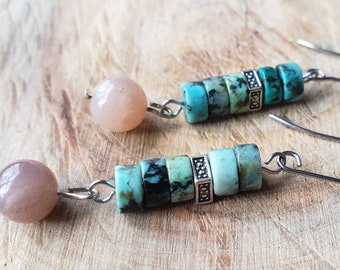 CLEARANCE African Turquoise Heishi Earrings w/ Sunstone or Moonstone Drops