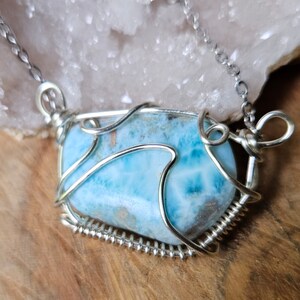 Larimar Wave Wire Wrapped Pendant on Moonstone Beaded Chain