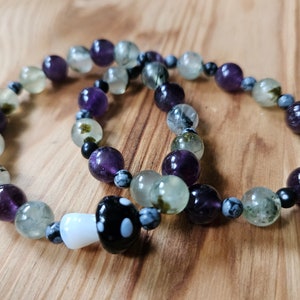 Prehnite, Amethyst, & Snowflake Obsidian Bracelet