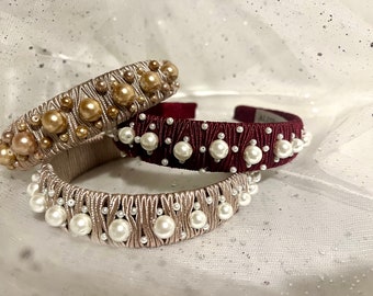 MIDDLETON™ Pearl Headband Crown, Gold Headband with Pearls, Burgundy Gold Headpiece with Pearls, Pearl Headpiece Headband Gift for her