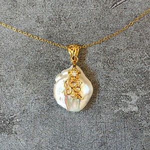 Large Baroque Pearl Flower Pendant with Chain/14k Gold Over 925 Silver Handcrafted/AAA Quality Baroque Pearl/Rhinestone Flower Accented
