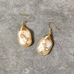 Large AAA Baroque Pearl Earring/Rectangular Round Corner/Gold over Silver Wire Handcrafted/Elegant Classy Style Dangle Earring/Mothers Gift