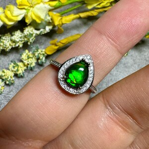 STUNNING 13mm Green Ammolite Water Drop Ring/super flashy/brilliant green/925 silver/zircon accented/Canada