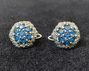 Thai Silver Blue Zircon/Red Garnet Hypoallergenic Earring/AAA Quality Natural Zircon/Garnet/Pure Silver Omega Back/Hexagon Classy Elegant