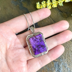 AFRICAN Sugilite Pendant Rectangle with silver chain/925 silver inlay with zircon/empire purple sugilite