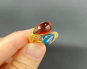 PREMIUM!! Dual Amber Ring/Dominican/M’exican/natural amber/top quality/gold over 925 silver/zircon accented/flexible size