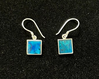 Blue Paua Shell Square Earring/Natural Grass Coral Shell 925 Solid Silver Handcrafted/Blue Sheen Dainty/Minimalist Elegant/Amazing Gift