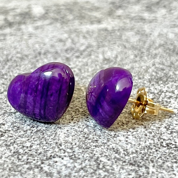 AAAA+ 18k Gold Purple African Sugilite Heart Ear Stud/best emperor purple sugilite/silky smooth/handcrafted/18g solid gold