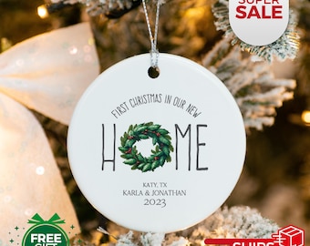 Ons eerste huis kerstornament Gepersonaliseerd housewarmingcadeau, nieuw huiscadeau, aangepast ornament, familieornament, echt cadeau