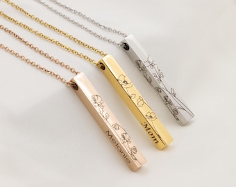 Birth Flower Bar Necklace For Women, Personalized Engraved Jewelry, Custom Floral Pendant, Meaningful Gift For Mom, Gift For Her