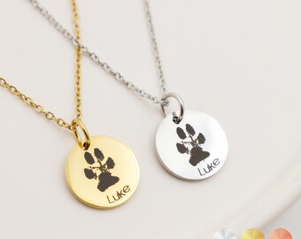 May include: Two necklaces with round pendants featuring a paw print and the name "Luke". One necklace is gold-colored, the other is silver-colored. Both have delicate chains and are displayed on a white surface.