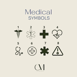 Op de afbeelding: Een afbeelding met acht zwarte medische symbolen, waaronder een caduceus, een levensster, een kruis, een hartslag, een stethoscoop, een plusteken in een cirkel, een ster en een waarschuwingsbord. De tekst "Medical SYMBOLS" staat bovenaan.