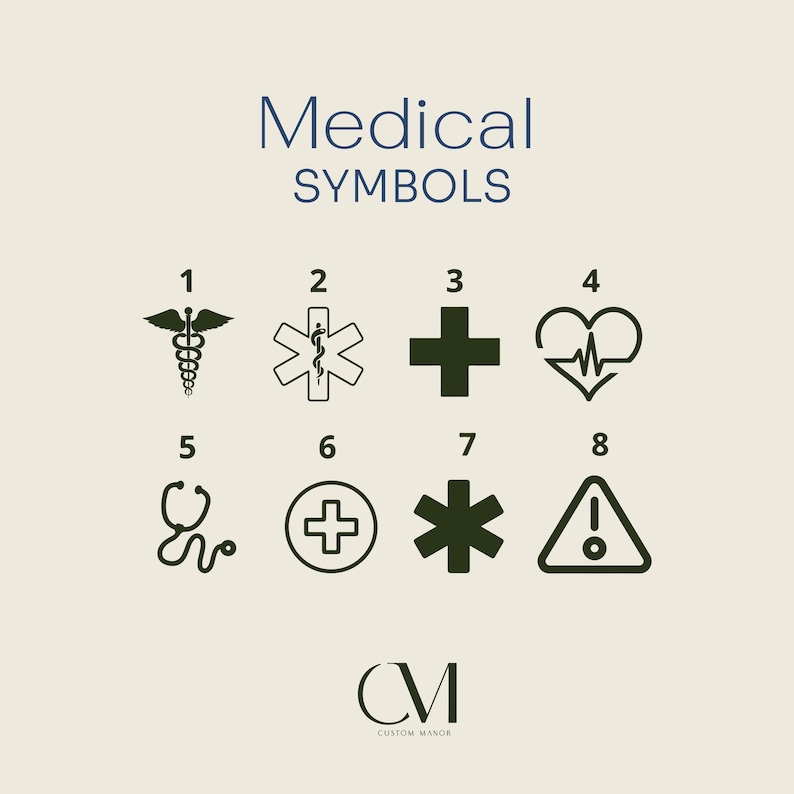 Op de afbeelding: Een afbeelding met acht zwarte medische symbolen, waaronder een caduceus, een levensster, een kruis, een hartslag, een stethoscoop, een plusteken in een cirkel, een ster en een waarschuwingsbord. De tekst "Medical SYMBOLS" staat bovenaan.