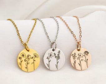 Aangepaste geboortemaand bloem ketting, gegraveerde hanger ketting voor vrouwen, sierlijk bruidsmeisje cadeau, kerstcadeau voor moeder, cadeau voor haar