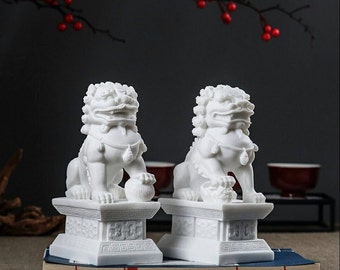 Auspicious White Color Foo Dogs Guardian Lion Sculpture & Statue | Fengshui | Home Decor | Office Blessing | Chinese architectural culture