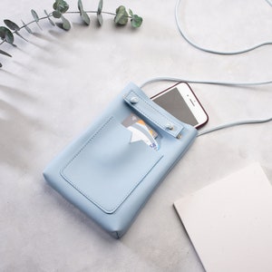 Funda de teléfono de cuero azul, (11 colores) Bolso ligero, Funda de teléfono de billetera, Correa de funda de teléfono celular, Bolso de hombro pequeño, Soporte de pasaporte de cuerpo cruzado