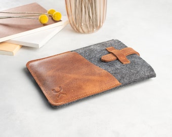 Leather Felt Tolino Vision 6 Case, Tolino Vision Cover, Felt Leather Sleeve, Gray and Black Bag, E book Case