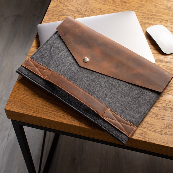 NOUVELLE coque MacBook Pro 13, Ordinateur portable en feutre en cuir véritable vintage, Sac de livre de surface, Housse Macbook Air / Pro