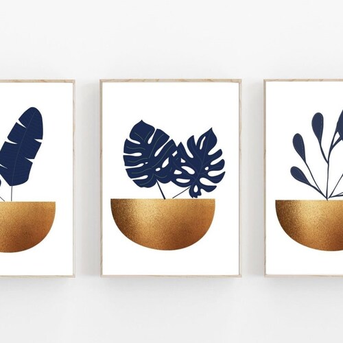 Navy Pink and Gold Wall Art Set of 3 Prints Blush Wall Art Etsy