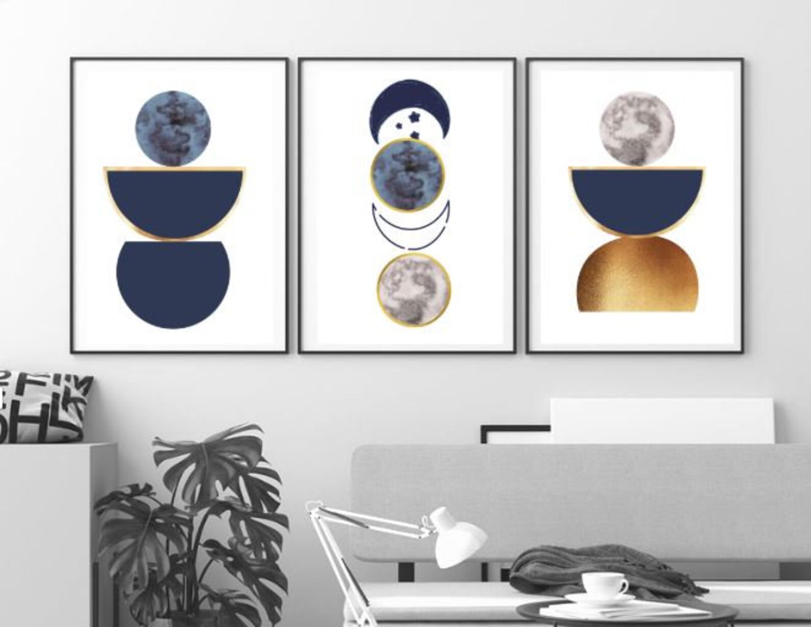 Set of 3 Abstract Art Prints of Paintings Navy Blue Gold Wall Etsy