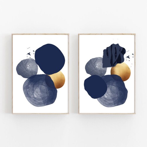 Blue and Gold Abstract Wall Art Print Set of 3 Navy Abstract Etsy