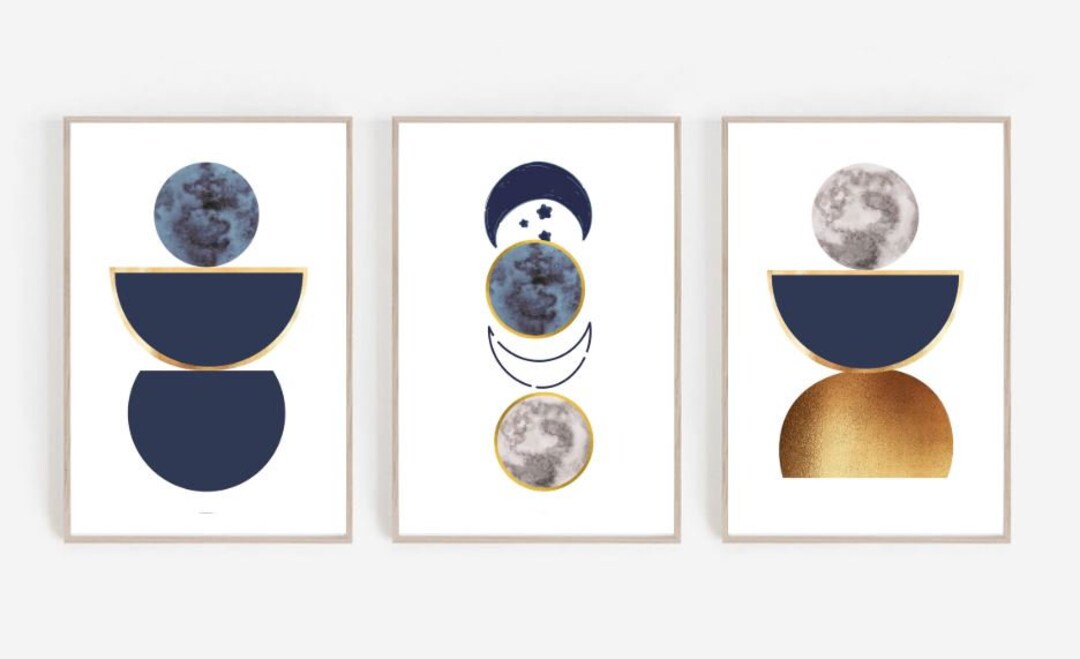 Set of 3 Abstract Art Prints of Paintings Navy Blue Gold Wall - Etsy