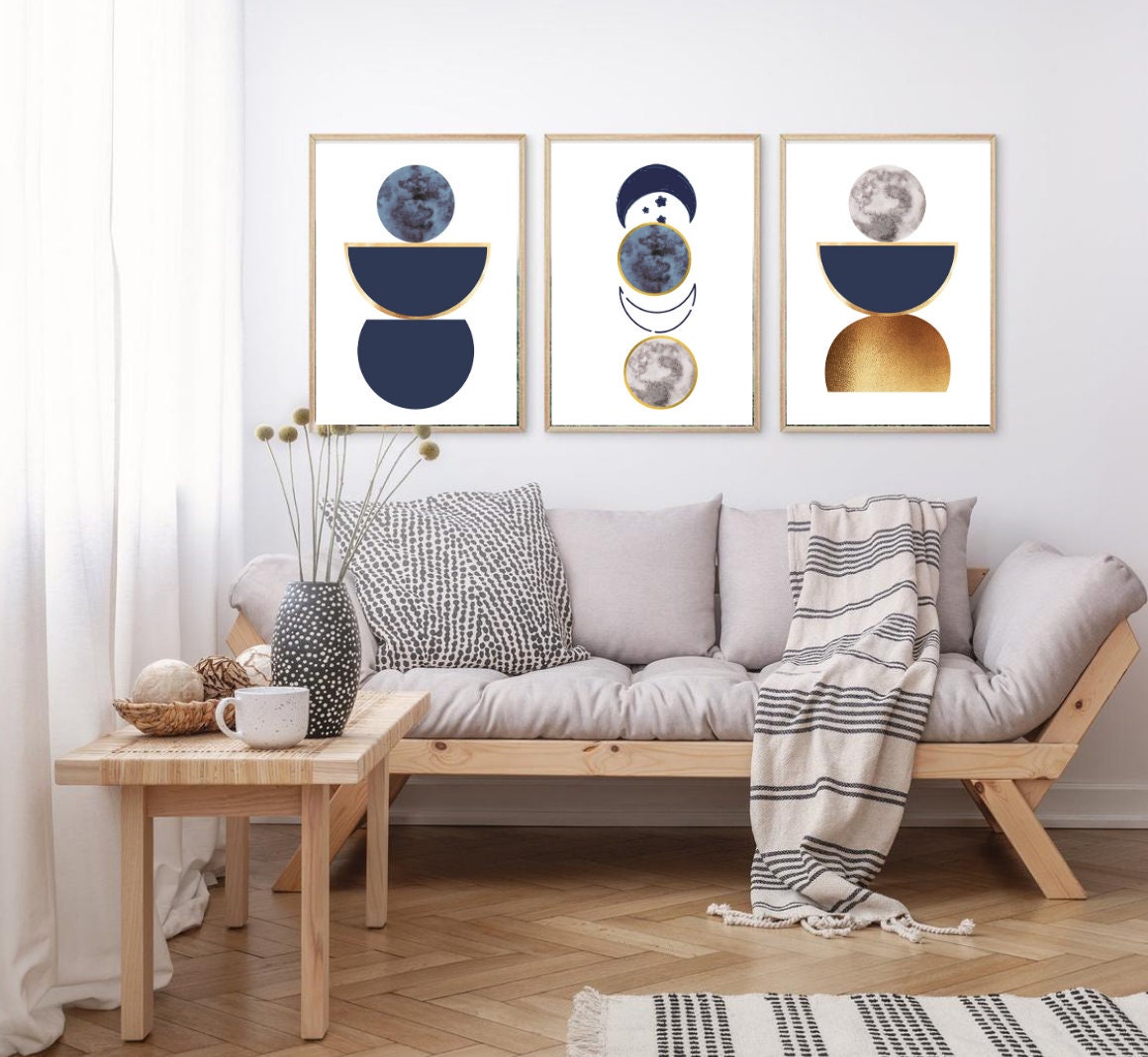 Framed Set Of 3 Abstract Art Prints Of Paintings Navy Blue And Gold at ...