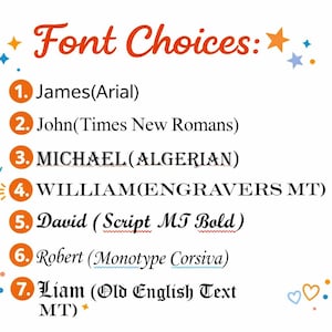Może przedstawiać: Na białym tle wyświetlana jest lista wybor&oacute;w czcionek. Tytuł "Font Choices" jest w pomarańczowym skrypcie. Każda czcionka jest ponumerowana i następuje po niej nazwa i styl czcionki w nawiasach. Rozrzucone są dekoracyjne gwiazdki i serca.