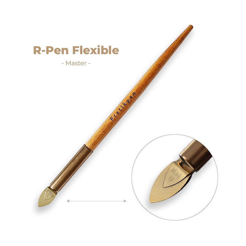 May include: A wooden R-Pen Flexible writing instrument with a metal tip. The pen has the text "Pratikpen" printed on the wooden shaft. A close-up shows the pen's nib. The text "R-Pen Flexible - Master-" is displayed.