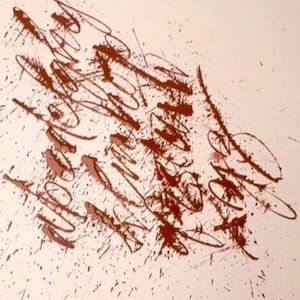 May include: Abstract artwork featuring splattered and dripped brown paint on a light beige background. The composition includes various shapes and splatters, creating a dynamic and textured visual effect. The artwork evokes a sense of movement and spontaneity.