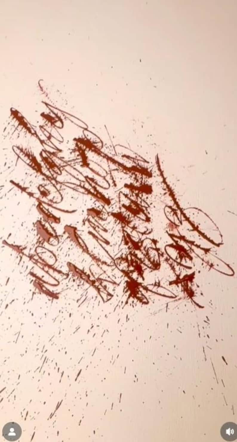 May include: Abstract artwork featuring splattered and dripped brown paint on a light beige background. The composition includes various shapes and splatters, creating a dynamic and textured visual effect. The artwork evokes a sense of movement and spontaneity.