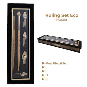 May include: A wooden pen set with gold-colored accents and the text "Pratikpen" is displayed in a black box. The set includes pens and ruling tools. The text "Ruling Set Eco - Master -" is also visible.