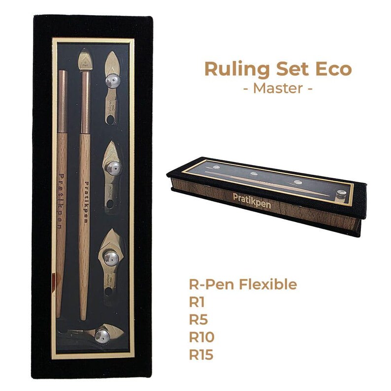 May include: A wooden pen set with gold-colored accents and the text "Pratikpen" is displayed in a black box. The set includes pens and ruling tools. The text "Ruling Set Eco - Master -" is also visible.
