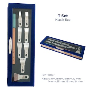 May include: A blue box set containing a pen and several silver-coloured nibs of varying sizes. The text "T Set Klasik Eco" is visible on the box. The nib sizes are listed as 6 mm, 8 mm, 10 mm, 12 mm, 14 mm, 16 mm, 18 mm, and 24 mm.