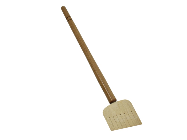 May include: A wooden ice scraper with a long handle. The scraper has a rectangular blade with multiple grooves.