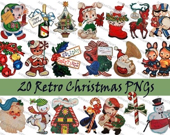May include: A collection of 20 retro Christmas PNGs featuring vintage illustrations of Santa Claus, snowmen, bunnies, and other holiday-themed characters. Includes text like "Happy Holidays" and "Merry Christmas to You."
