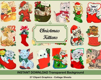 Puede incluir: Un collage de gráficos vintage de gatitos navideños. Los gatitos se representan en varias escenas festivas, usando gorros de Papá Noel y metidos en calcetines. La imagen incluye el texto "Christmas Kittens" y "Instant Download Transparent Background".