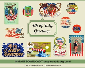 July 4th Clip Art: Vintage Independence Day PNG Collage Sheets (Digital Download)
