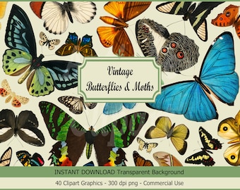 Butterfly Clipart Set &quot;Vintage Butterflies & Moths” Digital Download Illustrations for Wall Art, Decoupage, Invitations, Crafts, Collages…