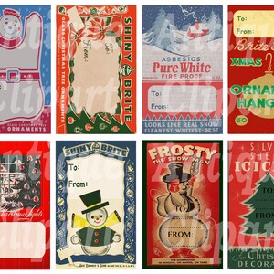 Peut inclure: Une planche de cartes cadeaux de No&euml;l vintage avec des motifs r&eacute;tro. Les &eacute;tiquettes pr&eacute;sentent des bonhommes de neige, des arbres de No&euml;l et des phrases de vacances. Chaque &eacute;tiquette a de la place pour &eacute;crire "&Agrave;" et "De".