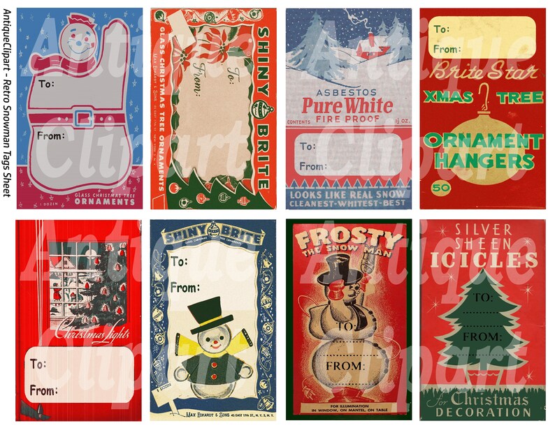 Peut inclure: Une planche de cartes cadeaux de No&euml;l vintage avec des motifs r&eacute;tro. Les &eacute;tiquettes pr&eacute;sentent des bonhommes de neige, des arbres de No&euml;l et des phrases de vacances. Chaque &eacute;tiquette a de la place pour &eacute;crire "&Agrave;" et "De".