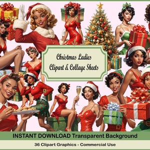 Retro Weihnachten Damen Clipart & Collage Sheets Bundle - Mid Century Women of Color African American | Clipart Sofort Download