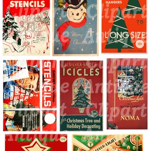Peut inclure: Ensemble d'objets de No&euml;l r&eacute;tro. Comprend des pochoirs, des cintres &agrave; ornements, des guirlandes et des guirlandes lumineuses. Les motifs pr&eacute;sentent un bonhomme de neige, des arbres de No&euml;l et du texte festif. Les couleurs sont le rouge, le vert et le blanc.