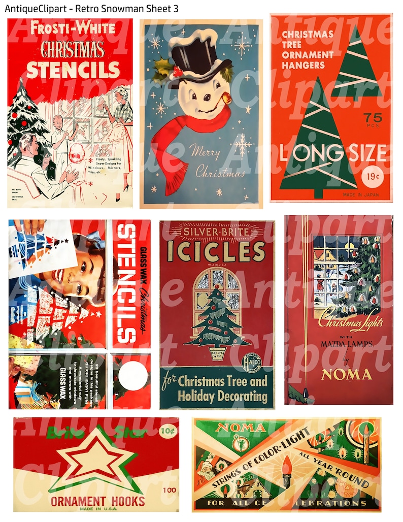 Peut inclure: Ensemble d'objets de No&euml;l r&eacute;tro. Comprend des pochoirs, des cintres &agrave; ornements, des guirlandes et des guirlandes lumineuses. Les motifs pr&eacute;sentent un bonhomme de neige, des arbres de No&euml;l et du texte festif. Les couleurs sont le rouge, le vert et le blanc.