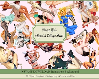 May include: A digital collage sheet featuring 32 vintage pin-up girl illustrations. The illustrations are in various poses and outfits, with a retro aesthetic. The sheet is designed for digital scrapbooking, crafting, and other creative projects.  The text "Pin-up Girls Clipart & Collage Sheets" is at the top of the sheet. The text "INSTANT DOWNLOAD Transparent Background 32 Clipart Graphics - 300 ppi png - Commercial Use" is at the bottom of the sheet.