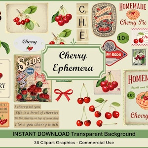 May include: A collage of cherry-themed graphics, including illustrations of cherries, cherry pie, and vintage labels. The image features the text "Cherry Ephemera" and various cherry-related phrases. The colour palette includes red, green, and cream.