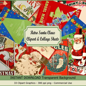Coisas efêmeras retrô do Papai Noel, download para impressão, clipart digital vintage, folhas de colagem de Natal, JPEG, PNG, etiquetas para presentes, vários tamanhos…